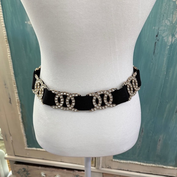 Unbranded Black Elastic Waist Belt Gold Rhinestone Double Circle Buckle Womens - Picture 3 of 7